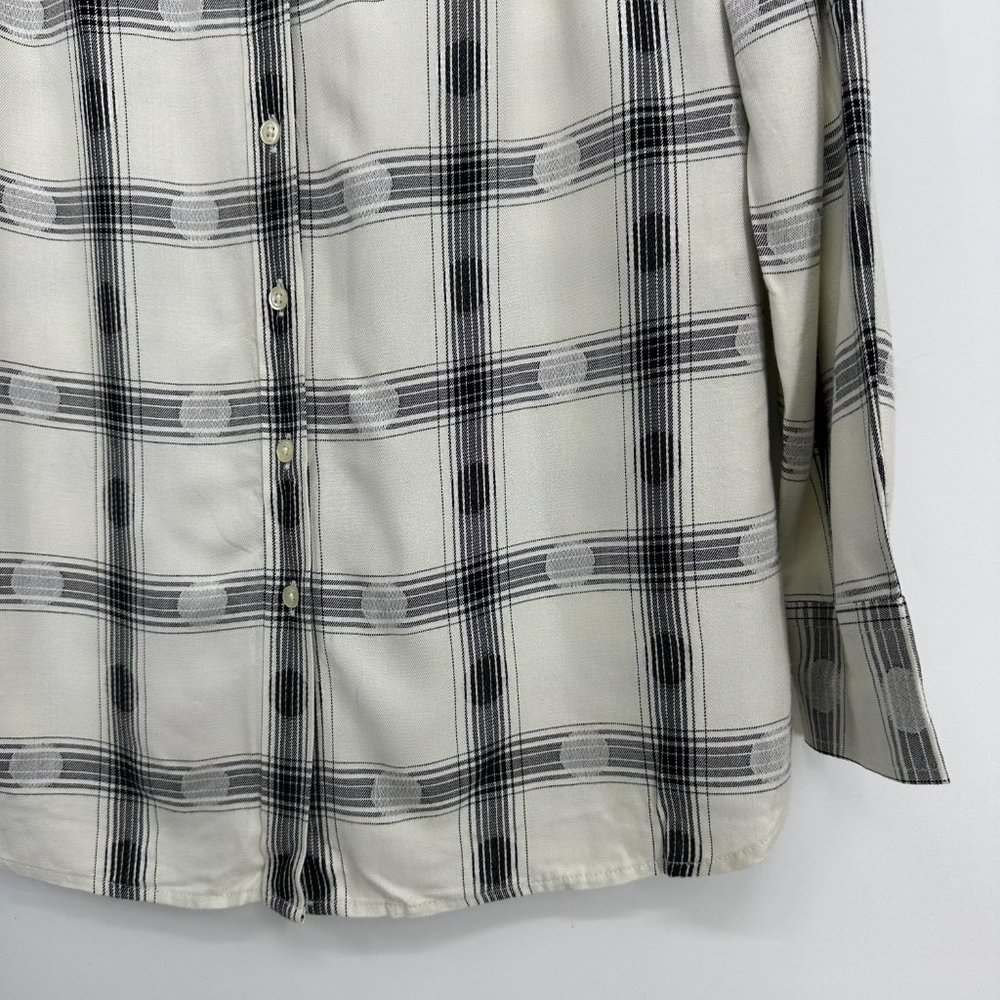 Talbots Plaid Button Down Shirt Top S Long Tunic Length Rayon Cream Black Dots - Picture 5 of 7